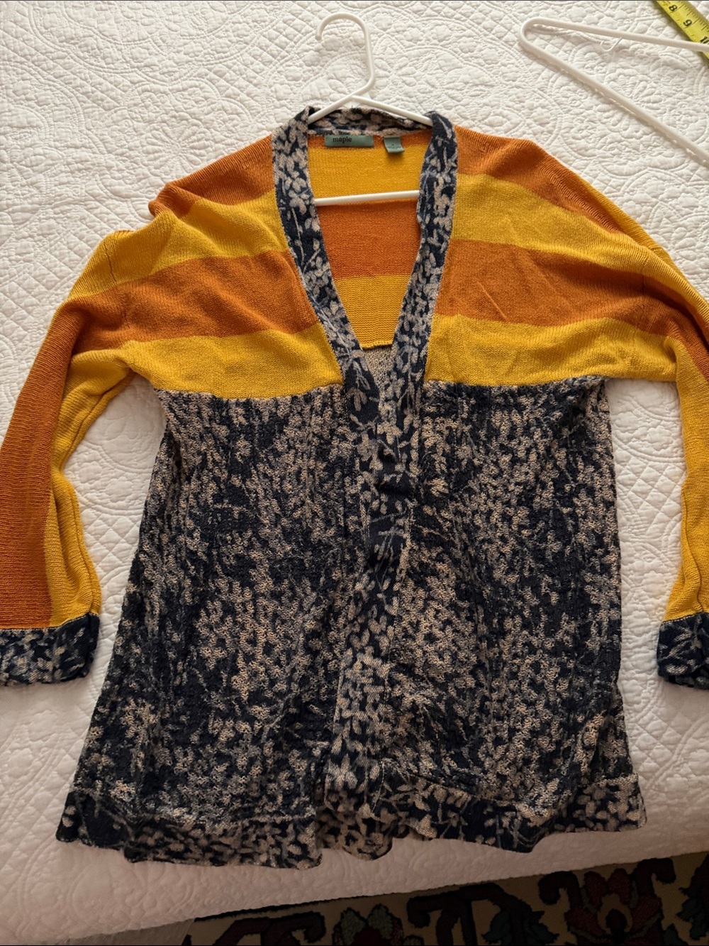 Striped navy blue & Orange Knit Cardigan with Navy Pattern